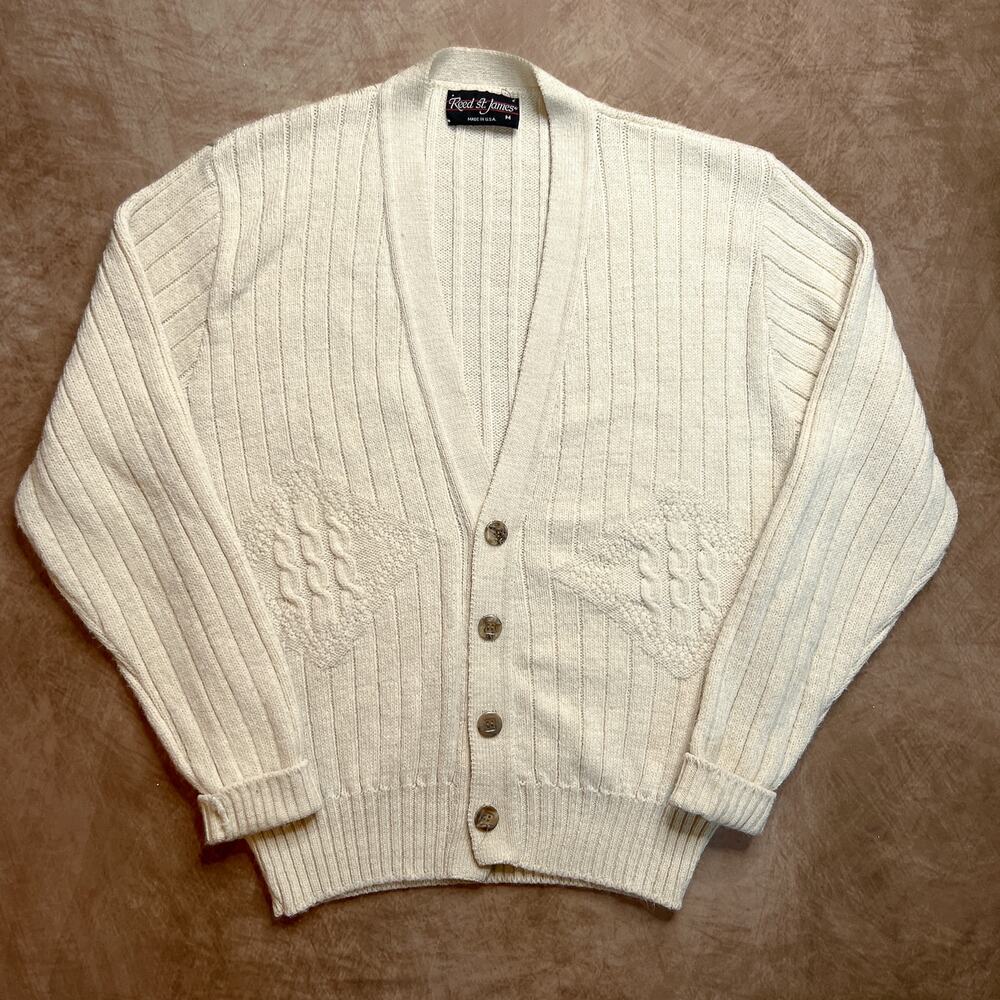 Vintage 80s Reed St. James Cream Rib Knit Cardigan Sweater Button Up Grandpa